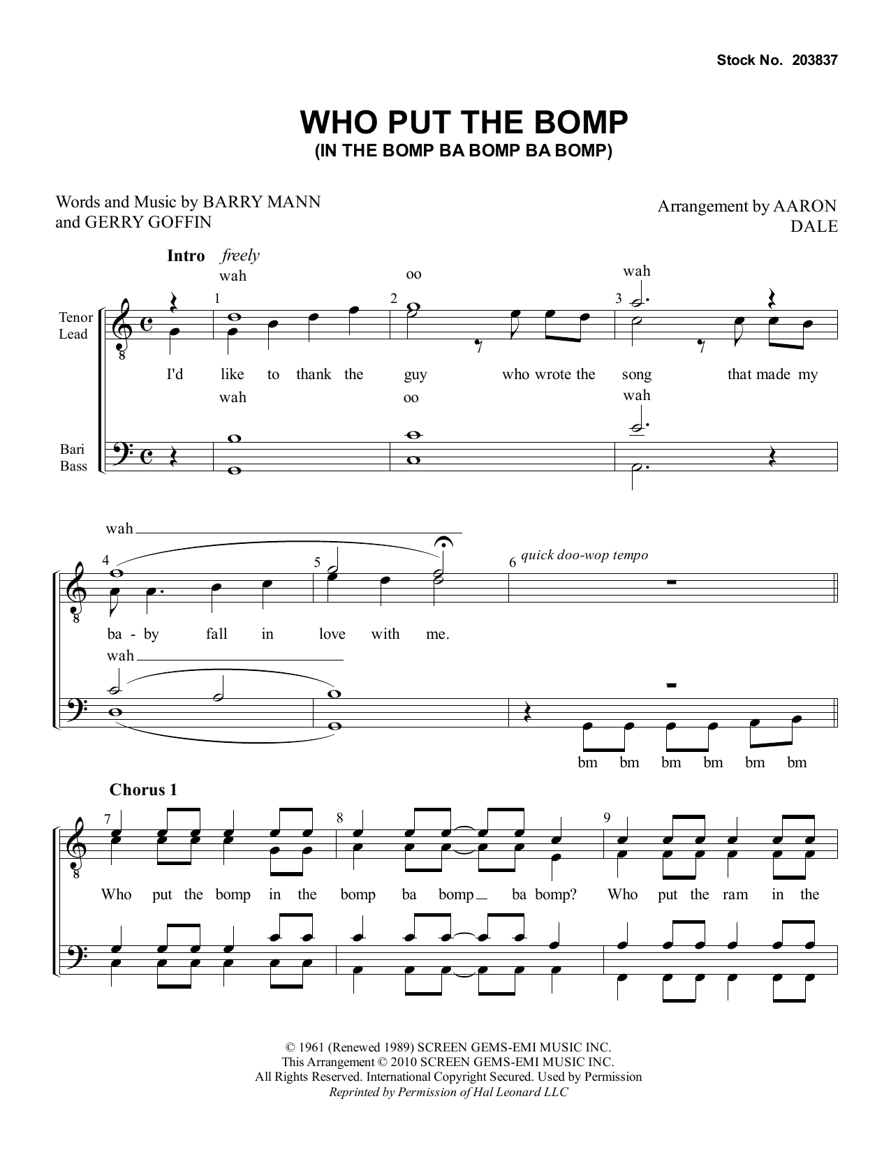 Barry Mann Who Put The Bomp (In The Bomp Ba Bomp Ba Bomp) (arr. Aaron Dale) sheet music notes and chords arranged for TTBB Choir