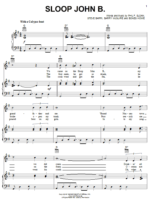 Barry McGuire Sloop John B. sheet music notes and chords arranged for Mandolin