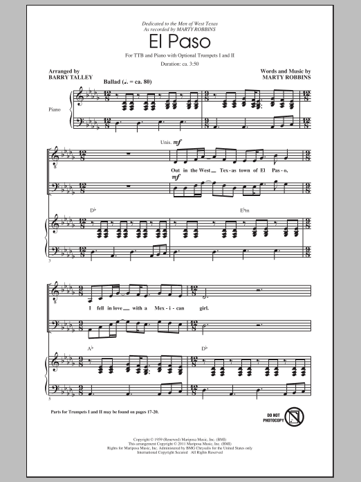 Barry Talley El Paso sheet music notes and chords arranged for TTBB Choir