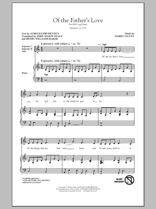 Barry Talley Of The Father's Love sheet music notes and chords arranged for SSA Choir
