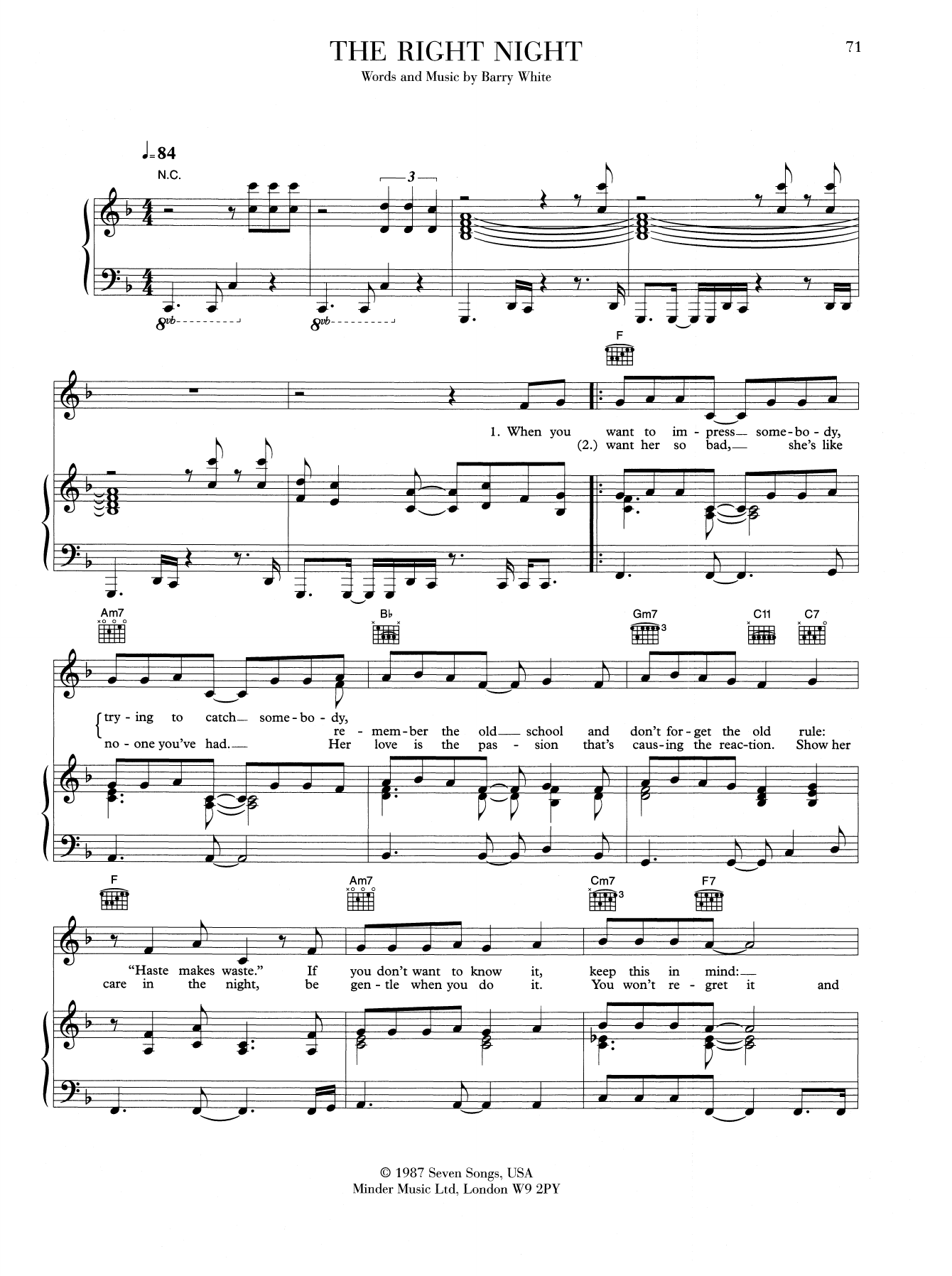 Barry White The Right Night sheet music notes and chords arranged for Piano, Vocal & Guitar Chords (Right-Hand Melody)