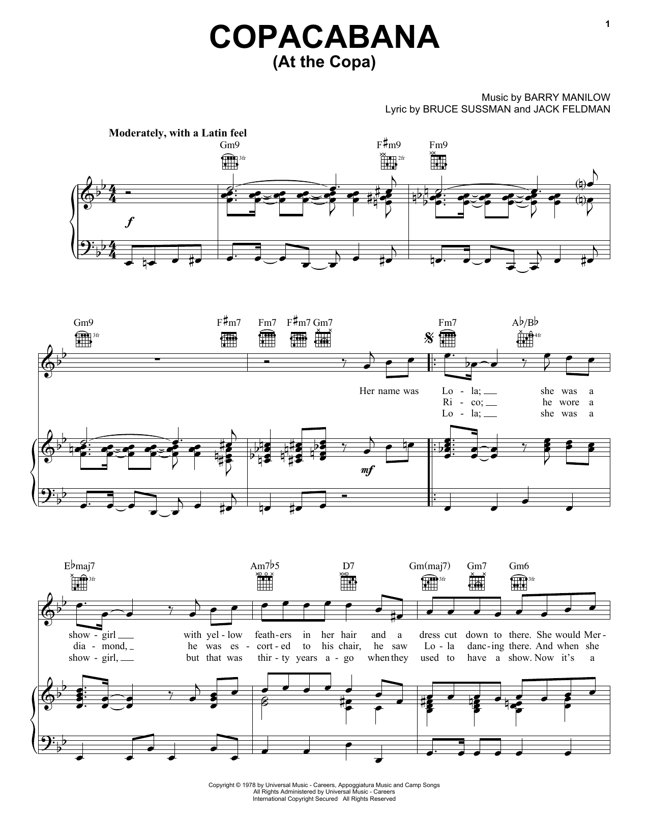 Barry Manilow Copacabana (At The Copa) sheet music notes and chords. Download Printable PDF.