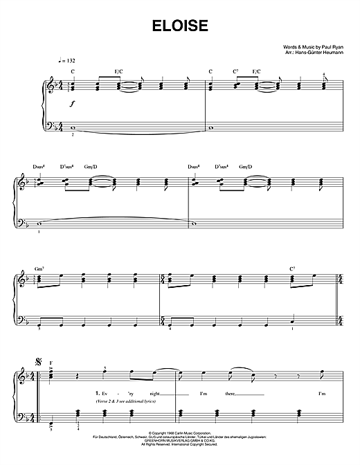 Barry Ryan Eloise sheet music notes and chords arranged for Piano, Vocal & Guitar Chords