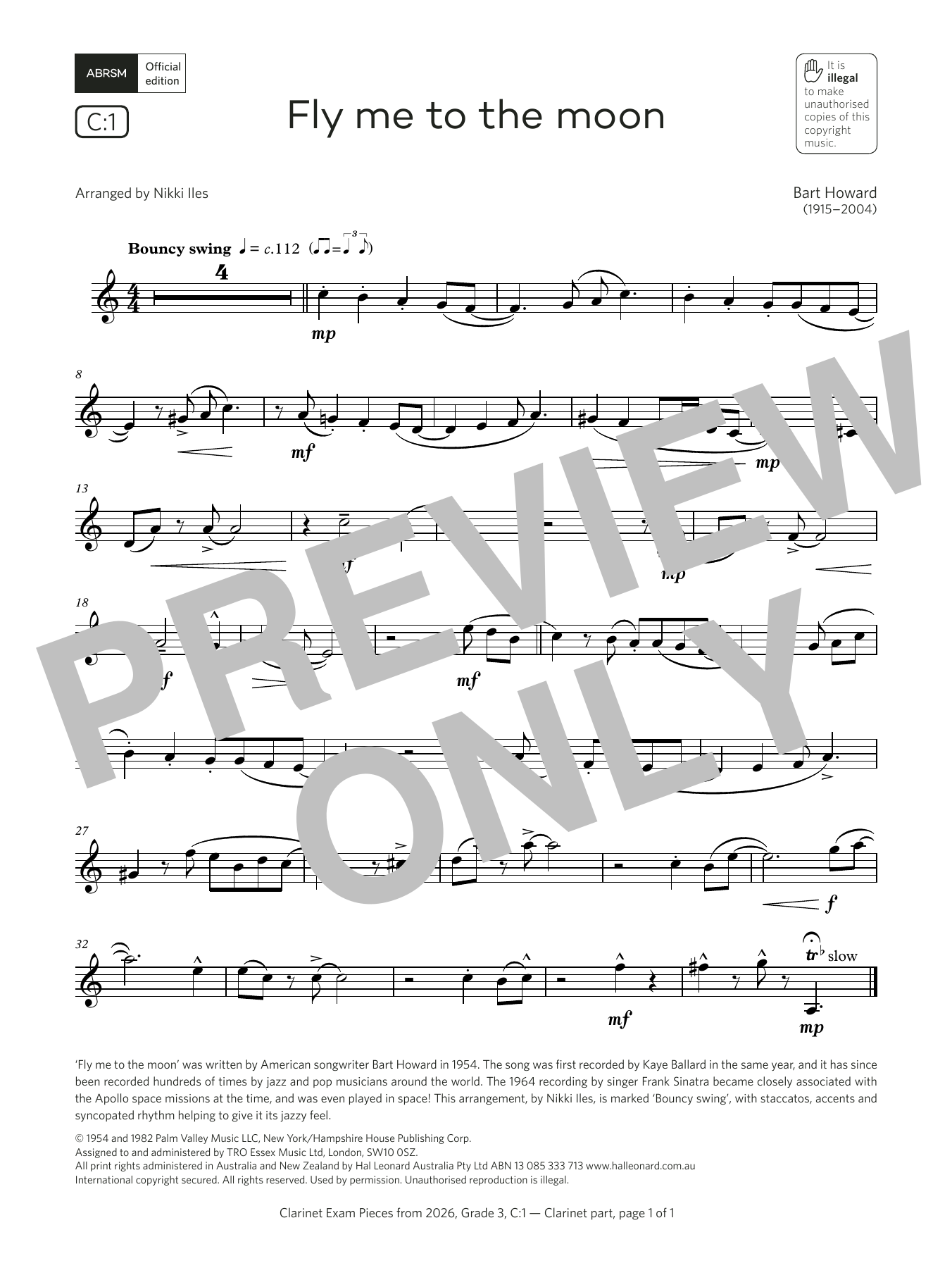 Bart Howard Fly me to the moon (Grade 3, list C1, from the ABRSM Clarinet Syllabus from 2026) sheet music notes and chords arranged for Clarinet Solo