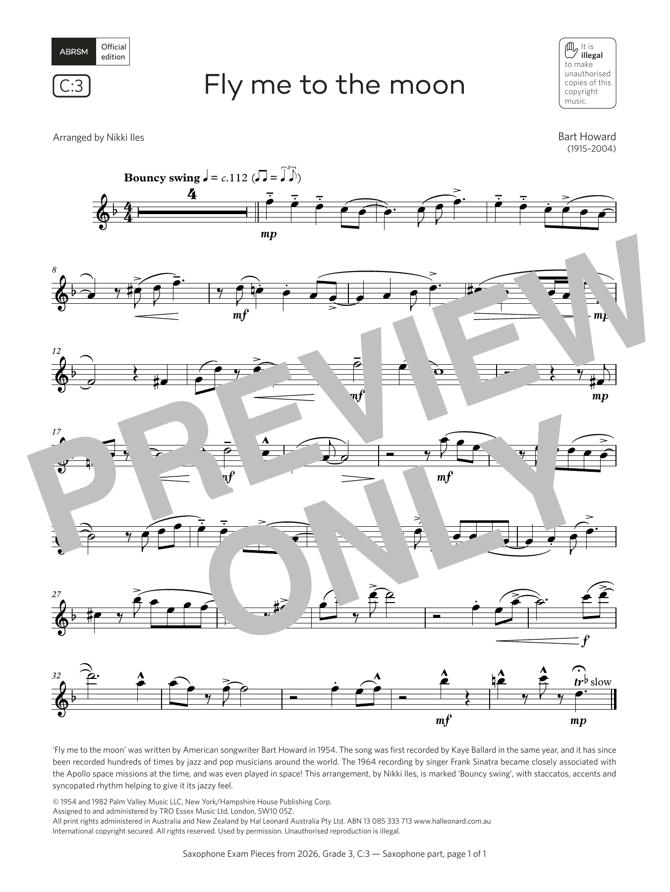 Bart Howard Fly me to the moon (Grade 3, list C3, from the ABRSM Saxophone Syllabus from 2026) sheet music notes and chords arranged for Alto Sax Solo