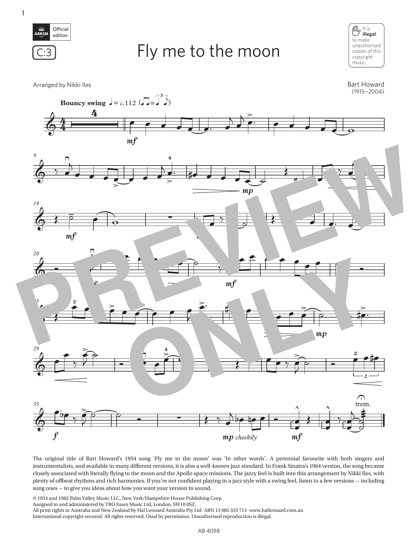 Bart Howard Fly me to the moon (Grade 4, C3, from the ABRSM Violin Syllabus from 2024) sheet music notes and chords arranged for Violin Solo