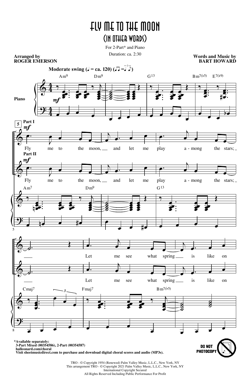 Bart Howard Fly Me To The Moon (In Other Words) (arr. Roger Emerson) sheet music notes and chords arranged for 2-Part Choir