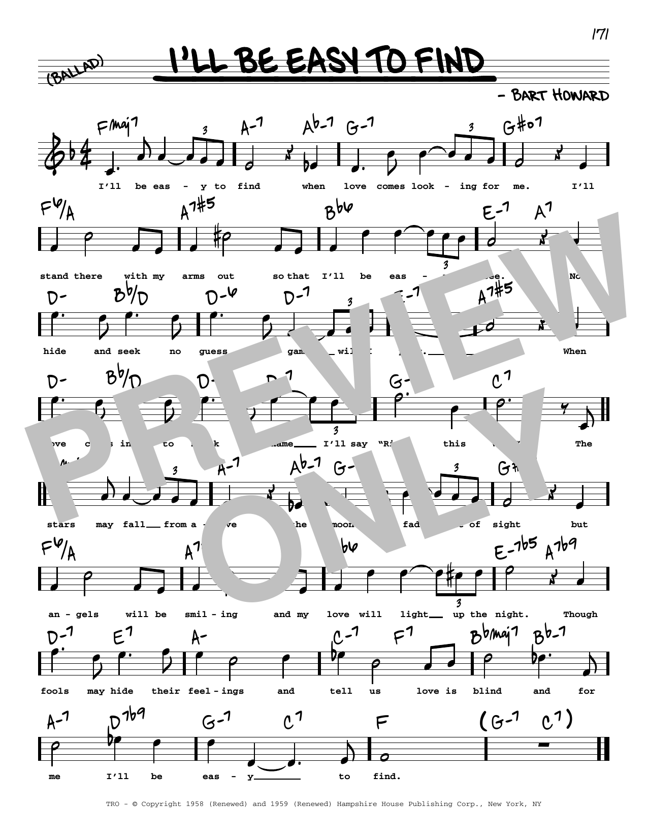 Bart Howard I'll Be Easy To Find (High Voice) sheet music notes and chords arranged for Real Book – Melody, Lyrics & Chords