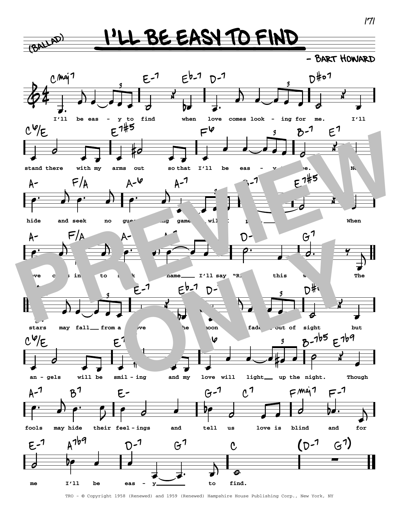 Bart Howard I'll Be Easy To Find (Low Voice) sheet music notes and chords arranged for Real Book – Melody, Lyrics & Chords