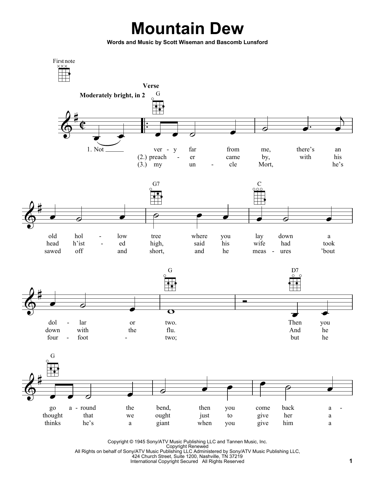 Bascomb Lunsford Mountain Dew sheet music notes and chords arranged for Ukulele
