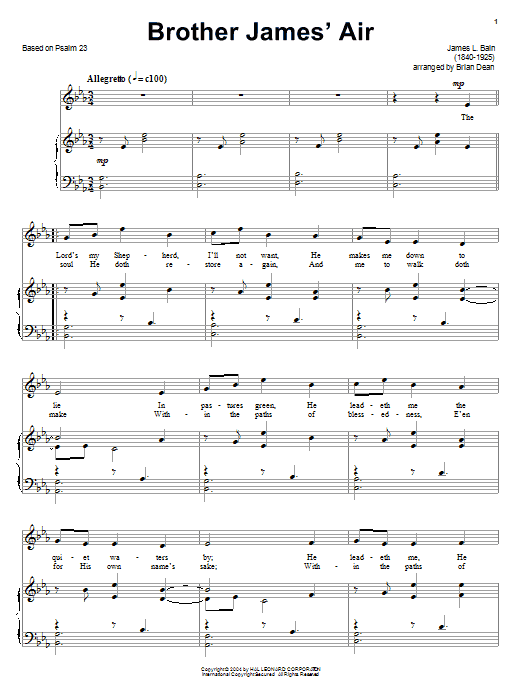 Based on Psalm 23 Brother James' Air sheet music notes and chords arranged for Piano & Vocal