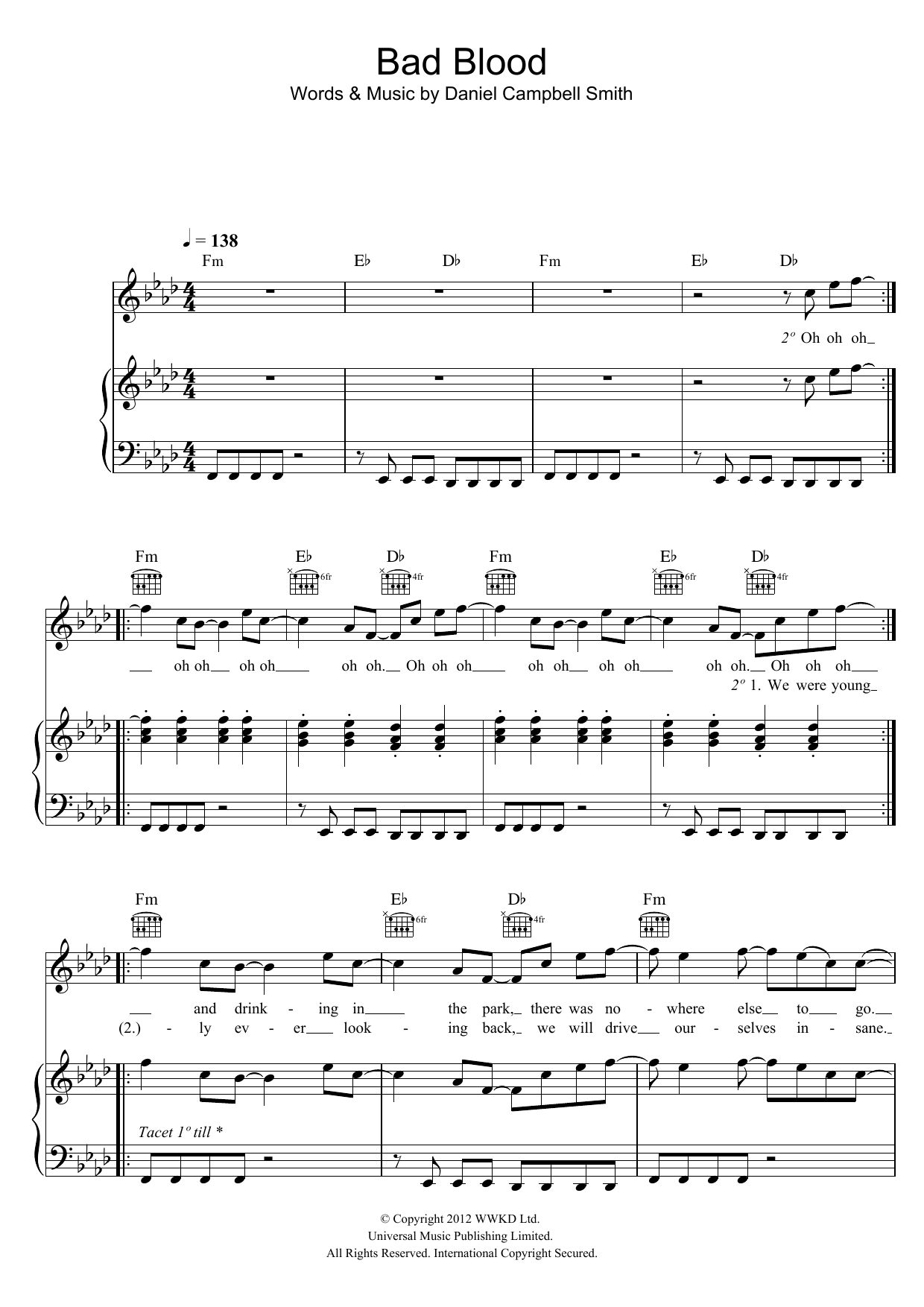 Bastille Bad Blood sheet music notes and chords arranged for Piano, Vocal & Guitar Chords