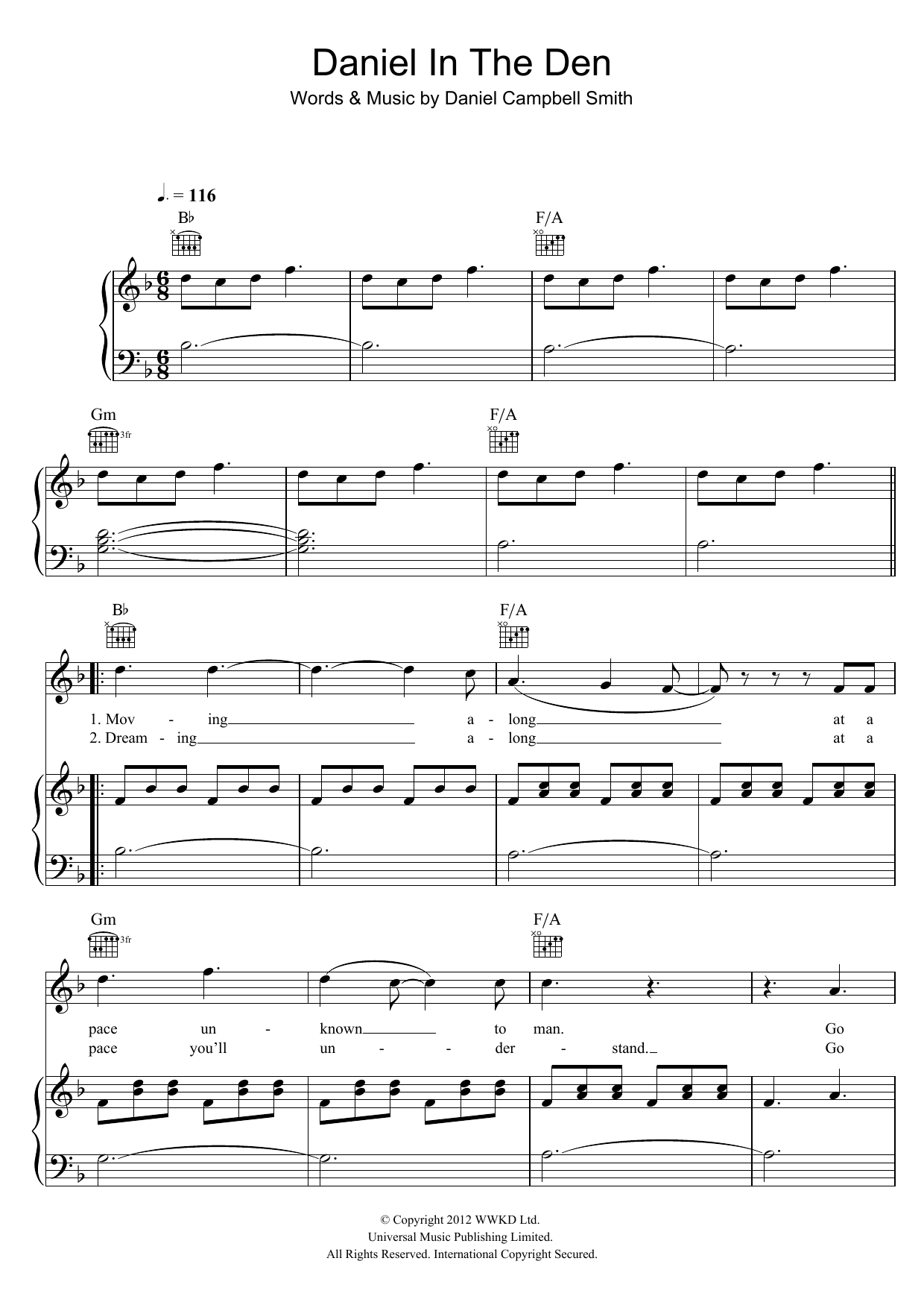 Bastille Daniel In The Den sheet music notes and chords arranged for Piano, Vocal & Guitar Chords