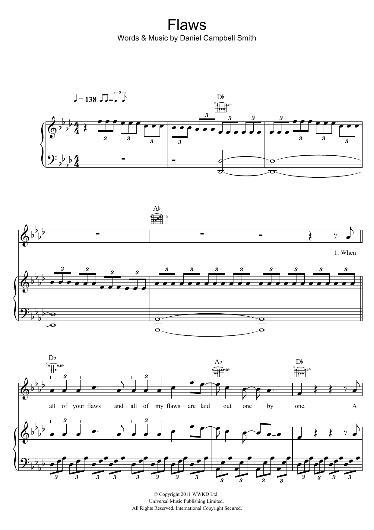 Bastille Flaws sheet music notes and chords arranged for Piano, Vocal & Guitar Chords