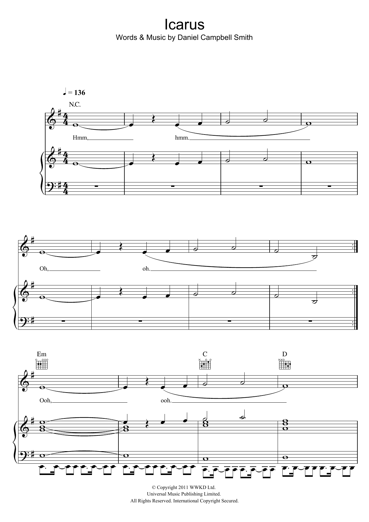 Bastille Icarus sheet music notes and chords arranged for Piano, Vocal & Guitar Chords