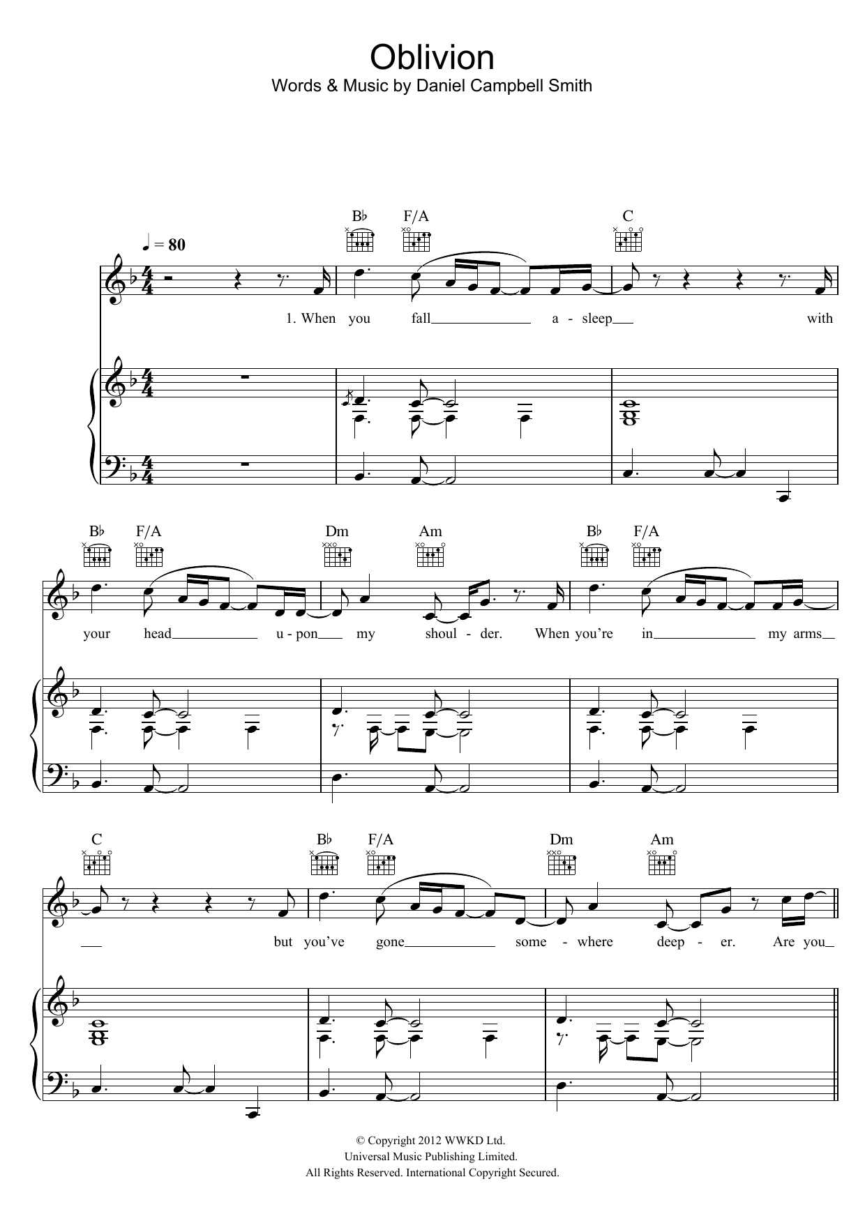 Bastille Oblivion sheet music notes and chords arranged for Piano, Vocal & Guitar Chords
