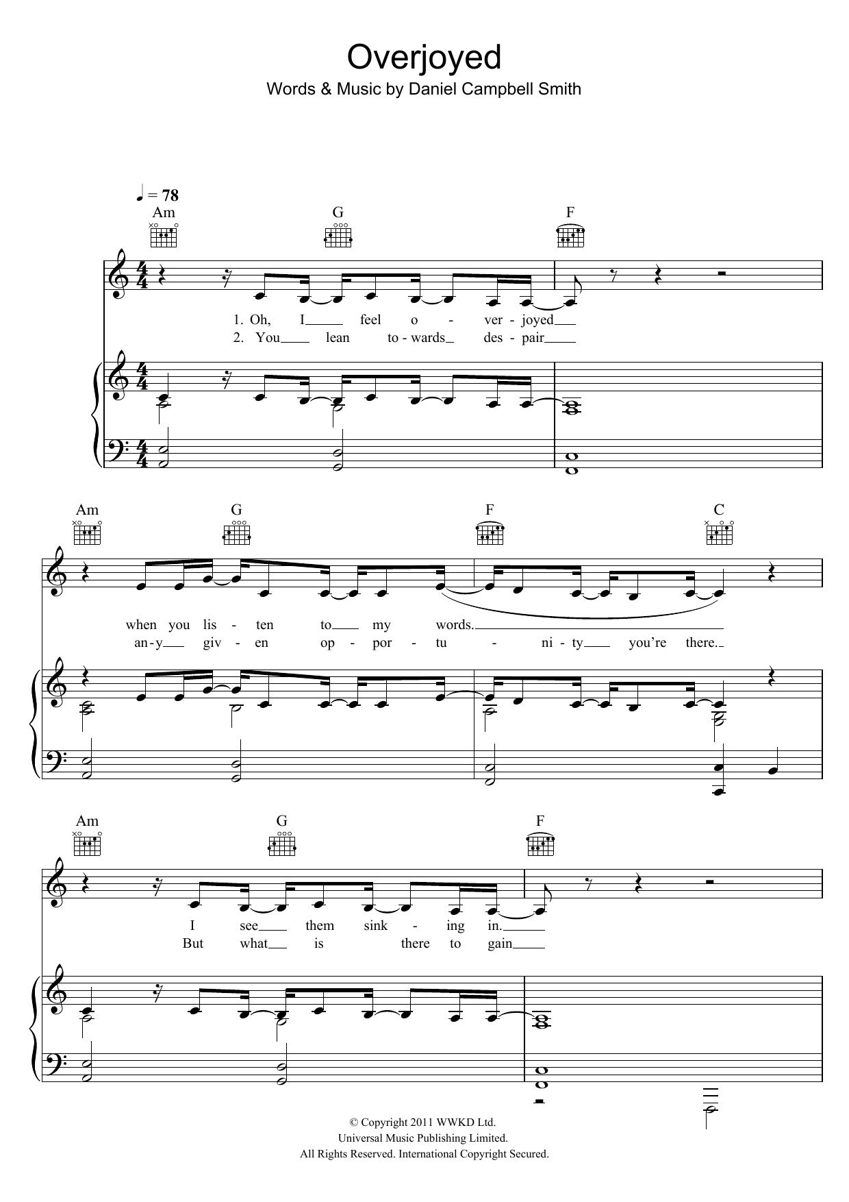 Bastille Overjoyed sheet music notes and chords arranged for Piano, Vocal & Guitar Chords