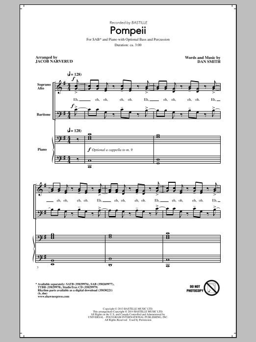 Bastille Pompeii (arr. Jacob Narverud) sheet music notes and chords arranged for SATB Choir