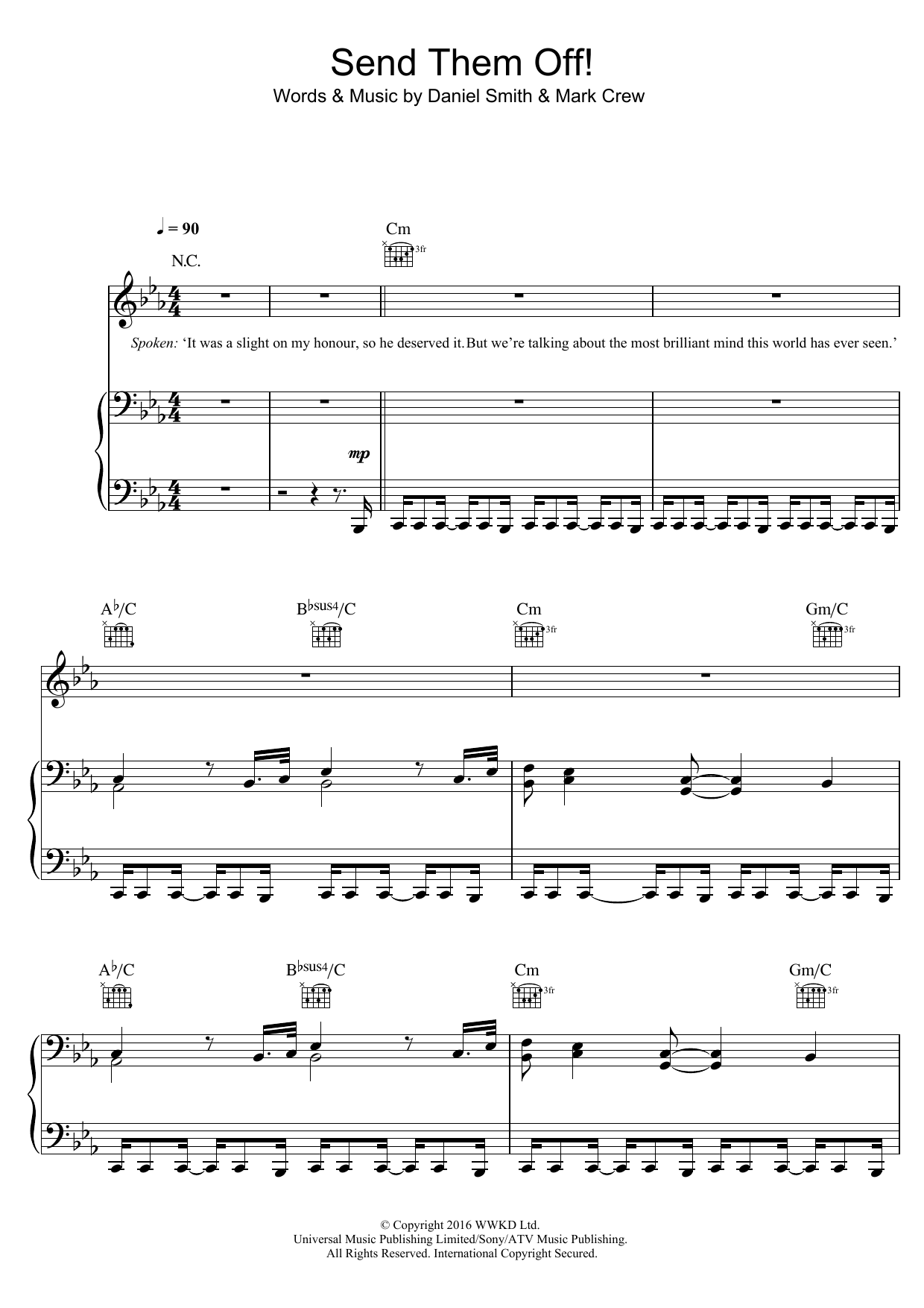 Bastille Send Them Off sheet music notes and chords arranged for Piano, Vocal & Guitar Chords