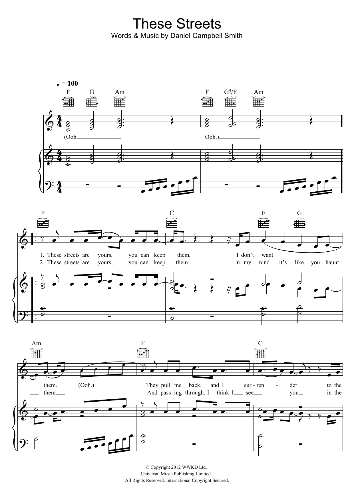 Bastille These Streets sheet music notes and chords arranged for Piano, Vocal & Guitar Chords