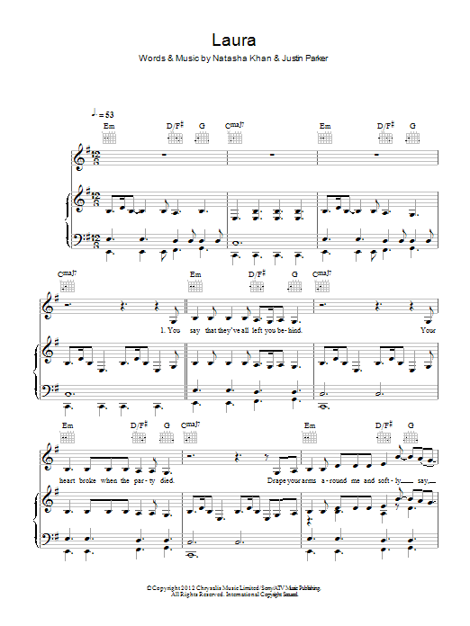 Bat For Lashes Laura sheet music notes and chords arranged for Piano, Vocal & Guitar Chords