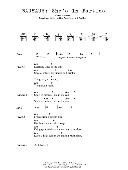 Bauhaus She's In Parties sheet music notes and chords arranged for Guitar Chords/Lyrics