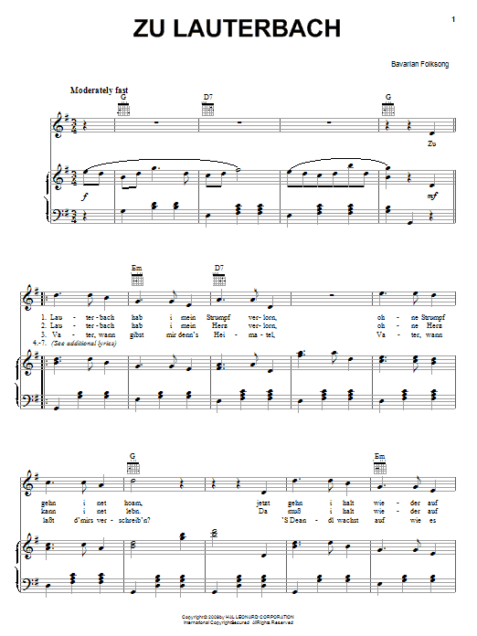 Bavarian Folksong Zu Lauterbach (At Lauterbach) sheet music notes and chords arranged for Piano, Vocal & Guitar Chords (Right-Hand Melody)