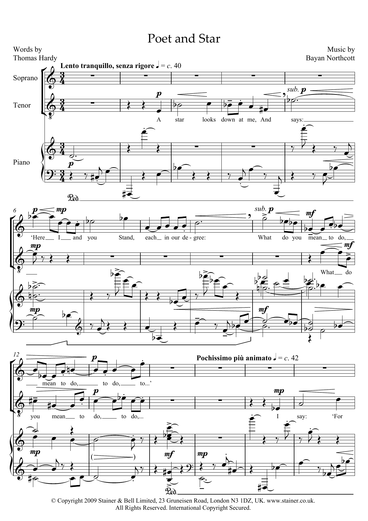 Bayan Northcott Poet and Star (for soprano, tenor and piano) sheet music notes and chords arranged for Piano & Vocal
