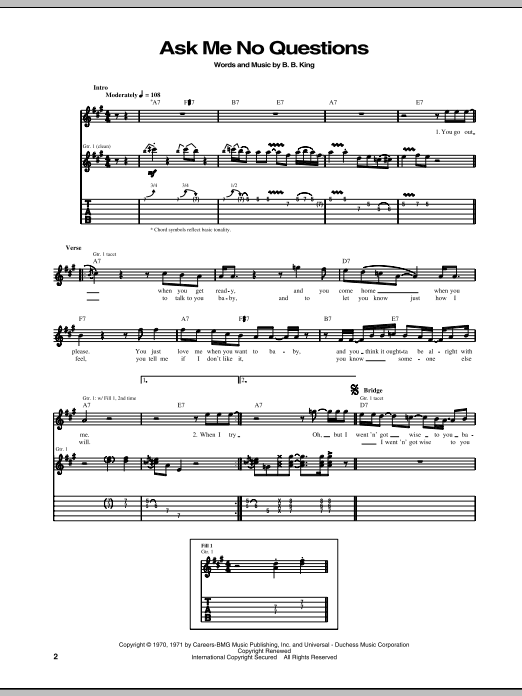 B.B. King Ask Me No Questions sheet music notes and chords arranged for Piano, Vocal & Guitar Chords (Right-Hand Melody)