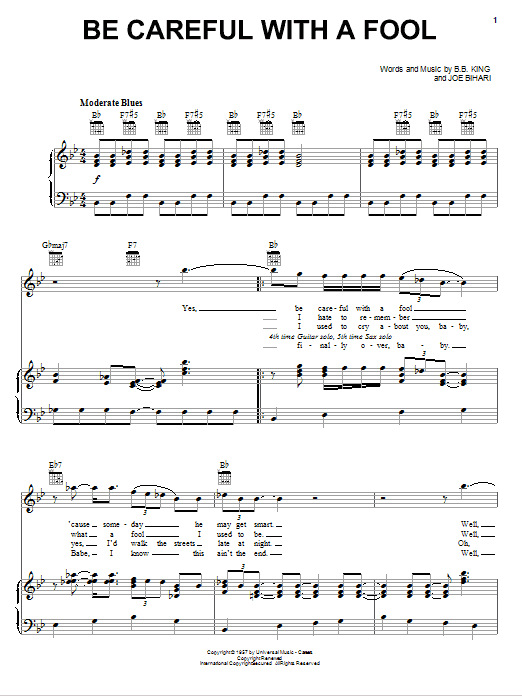 B.B. King Be Careful With A Fool sheet music notes and chords arranged for Piano, Vocal & Guitar Chords (Right-Hand Melody)