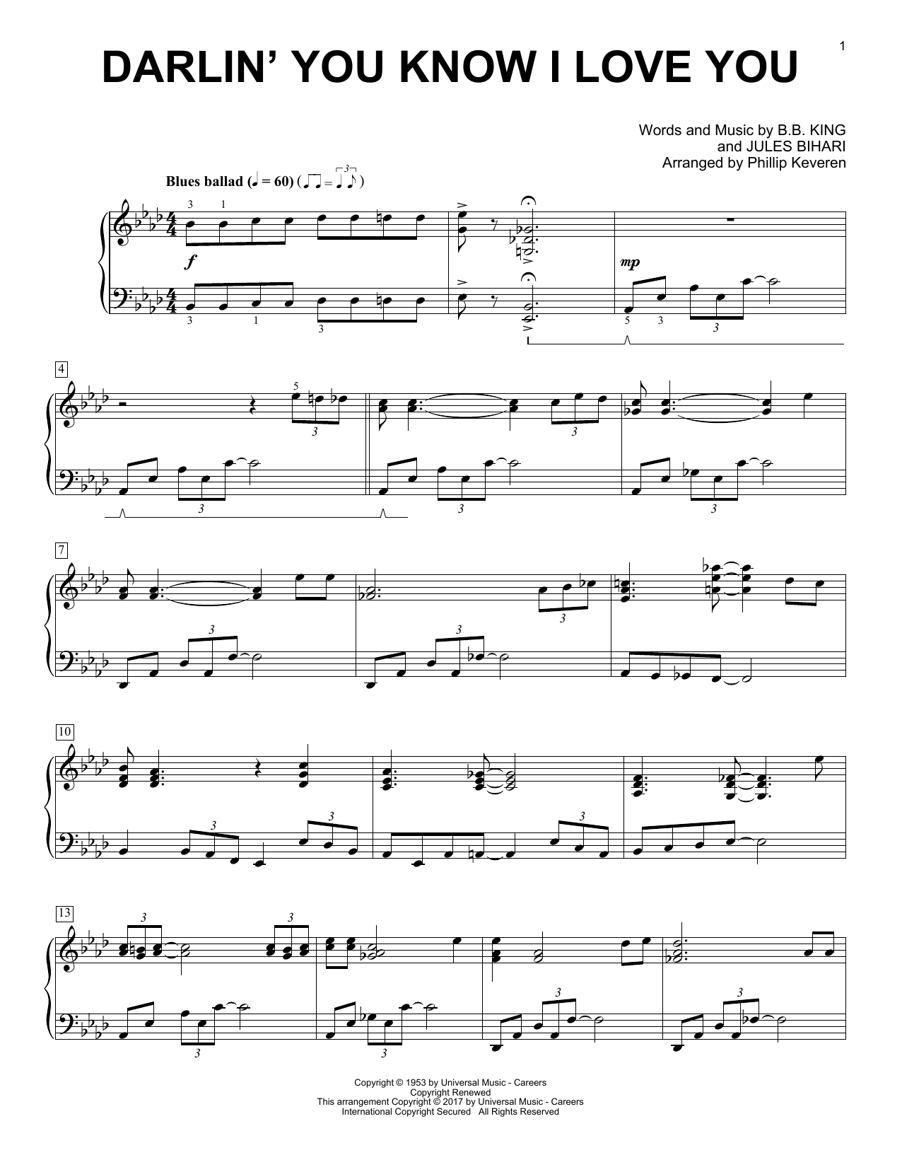 B.B. King Darlin' You Know I Love You (arr. Phillip Keveren) sheet music notes and chords arranged for Piano Solo