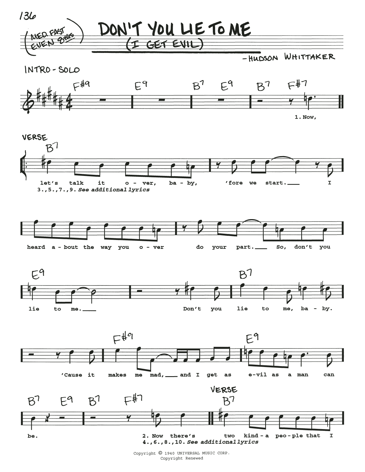 B.B. King Don't You Lie To Me (I Get Evil) sheet music notes and chords arranged for Real Book – Melody, Lyrics & Chords