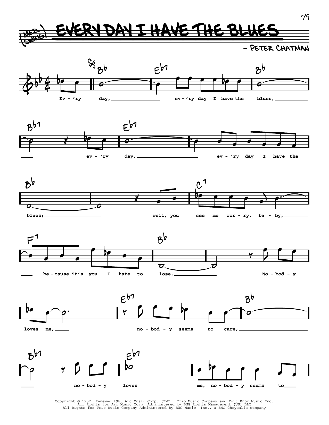 B.B. King Every Day I Have The Blues (High Voice) sheet music notes and chords arranged for Real Book – Melody, Lyrics & Chords