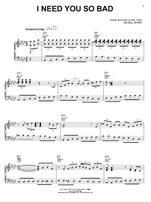 B.B. King I Need You So Bad sheet music notes and chords arranged for Piano, Vocal & Guitar Chords (Right-Hand Melody)