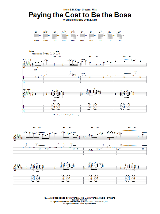 B.B. King Paying The Cost To Be The Boss sheet music notes and chords arranged for Guitar Tab (Single Guitar)