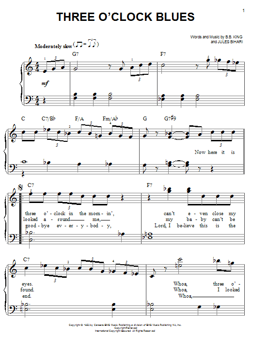 B.B. King Three O'Clock Blues sheet music notes and chords arranged for Piano, Vocal & Guitar Chords (Right-Hand Melody)