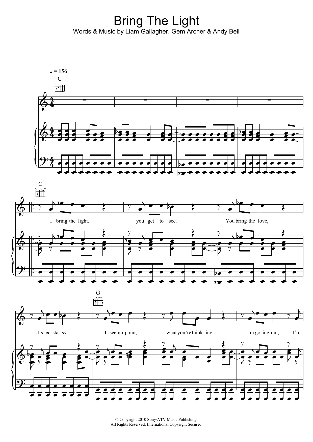 Beady Eye Bring The Light sheet music notes and chords arranged for Piano, Vocal & Guitar Chords
