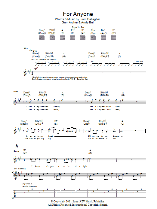 Beady Eye For Anyone sheet music notes and chords arranged for Guitar Tab