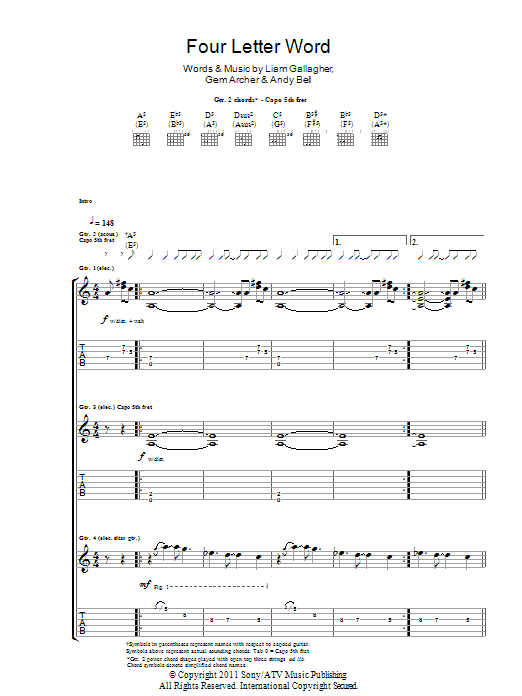 Beady Eye Four Letter Word sheet music notes and chords arranged for Guitar Tab