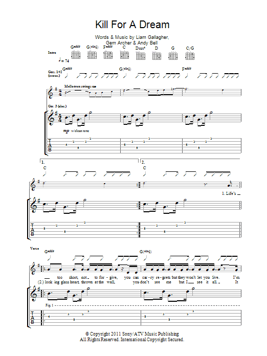Beady Eye Kill For A Dream sheet music notes and chords arranged for Guitar Tab
