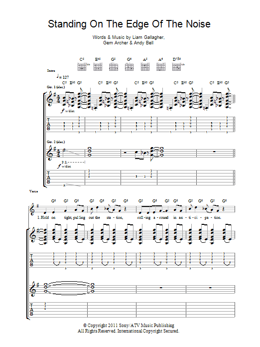 Beady Eye Standing On The Edge Of The Noise sheet music notes and chords arranged for Guitar Tab