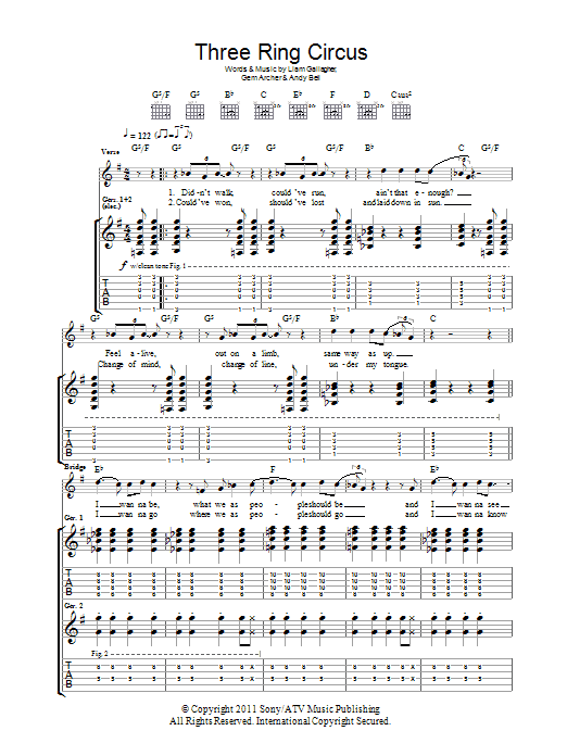 Beady Eye Three Ring Circus sheet music notes and chords arranged for Guitar Tab