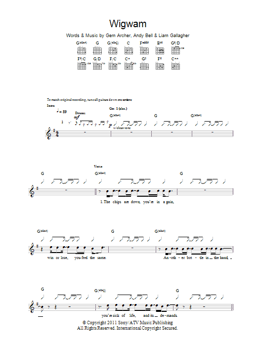 Beady Eye Wigwam sheet music notes and chords arranged for Guitar Tab