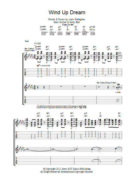 Beady Eye Wind Up Dream sheet music notes and chords arranged for Guitar Tab