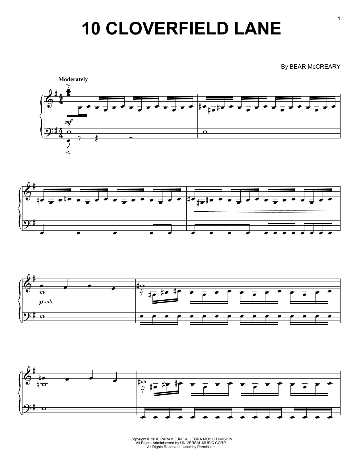 Bear McCreary 10 Cloverfield Lane (Main Title) sheet music notes and chords arranged for Piano Solo