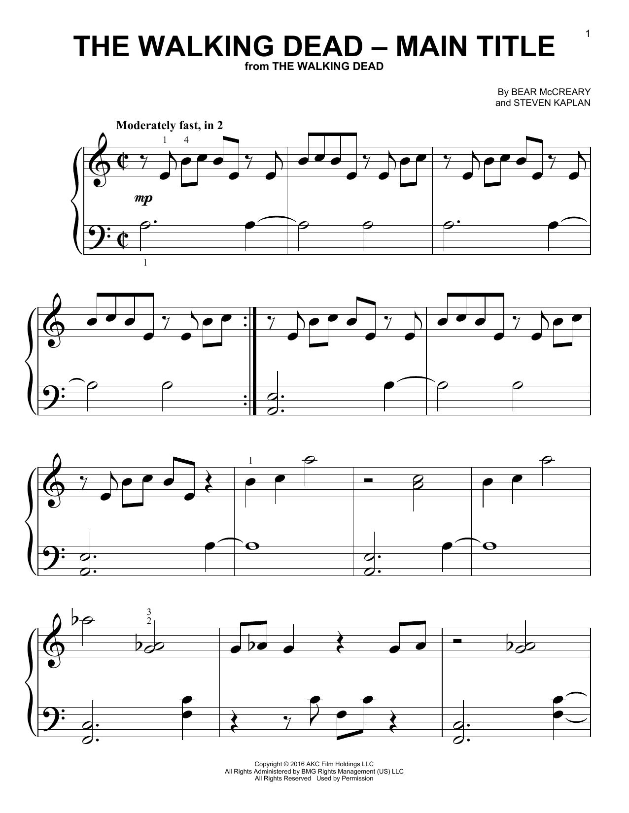 Bear McCreary and Steven Kaplan The Walking Dead - Main Title sheet music notes and chords arranged for Very Easy Piano