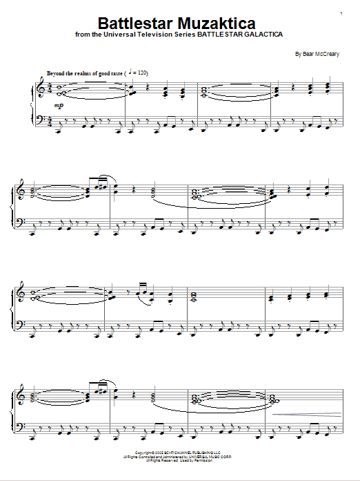 Bear McCreary Battlestar Muzaktica sheet music notes and chords arranged for Piano Solo