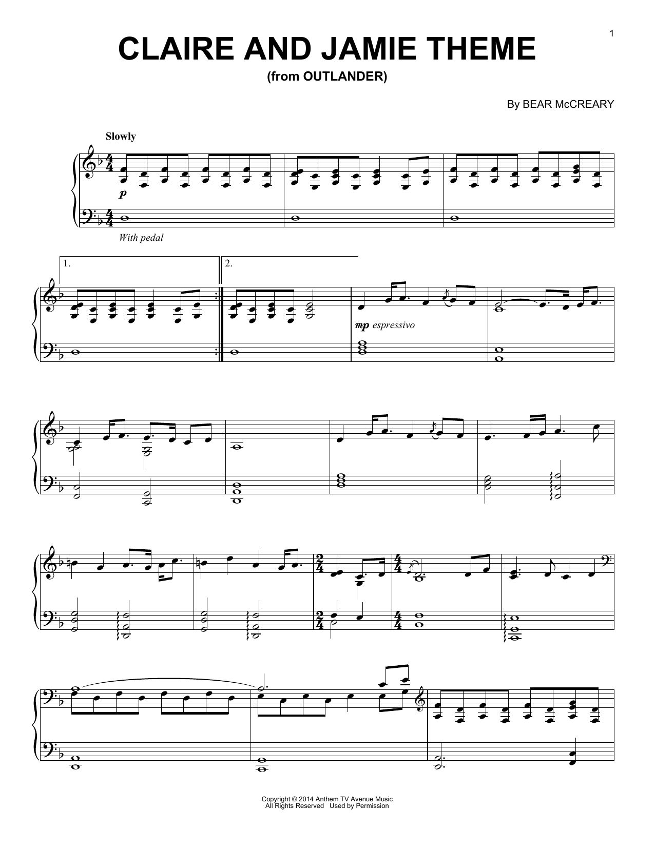 Bear McCreary Claire And Jamie Theme (from Outlander) sheet music notes and chords arranged for Piano Solo