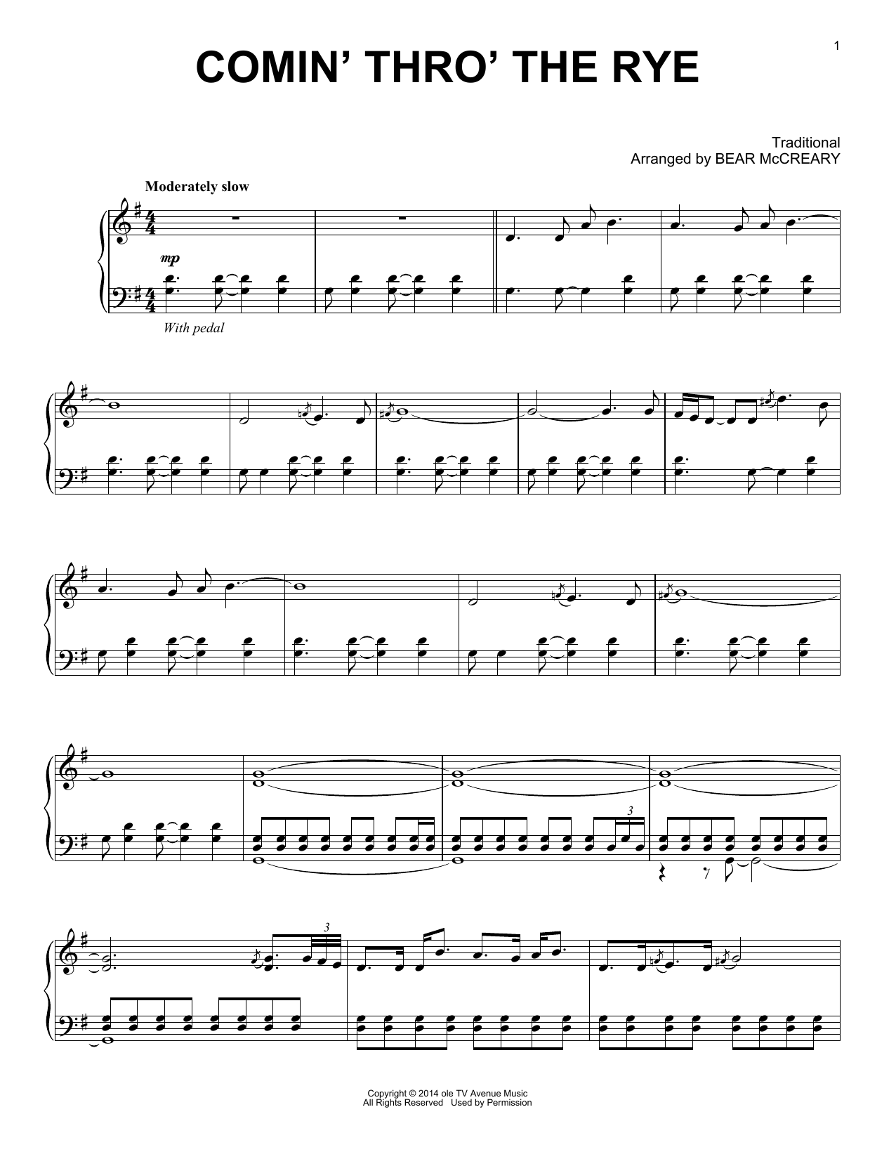 Bear McCreary Comin' Thro' The Rye (from Outlander) sheet music notes and chords arranged for Piano Solo