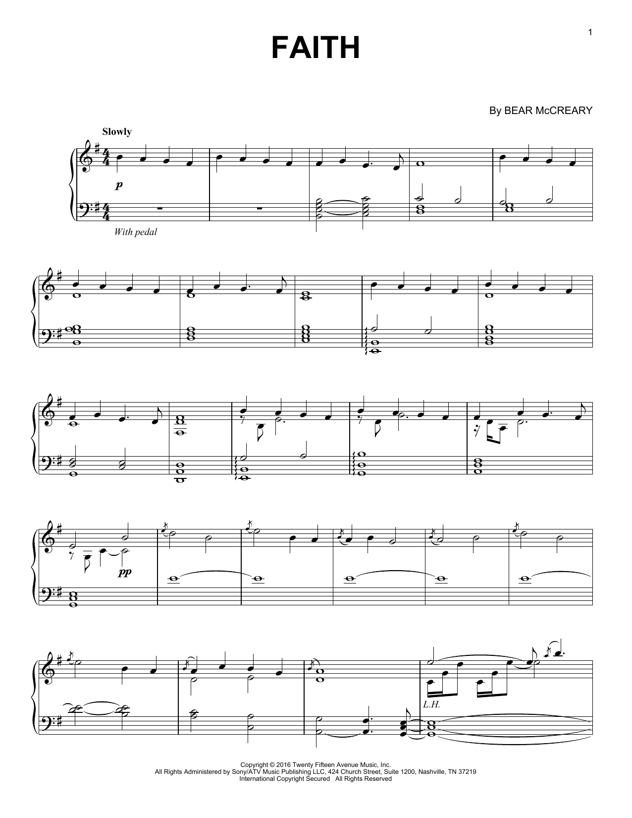 Bear McCreary Faith (from Outlander) sheet music notes and chords arranged for Piano Solo